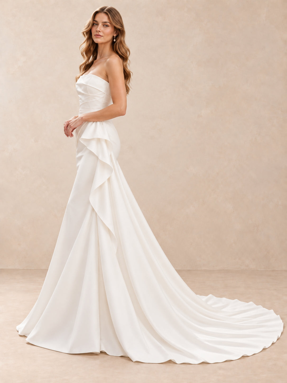 Strapless Draped Mermaid Wedding Dress with Cascading Side Ruffle