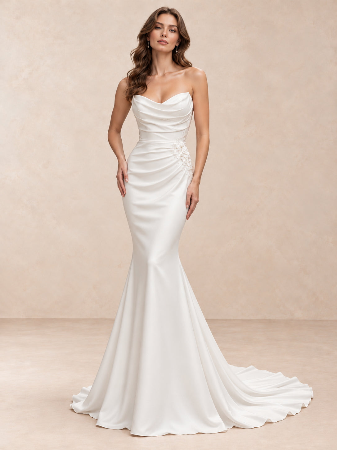 Strapless Draped Satin Mermaid Wedding Dress with Floral Appliqué