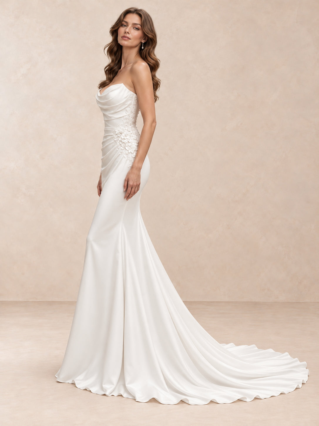 Strapless Draped Satin Mermaid Wedding Dress with Floral Appliqué