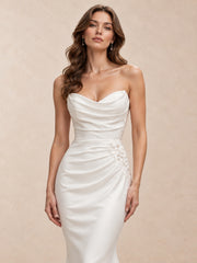 Strapless Draped Satin Mermaid Wedding Dress with Floral Appliqué