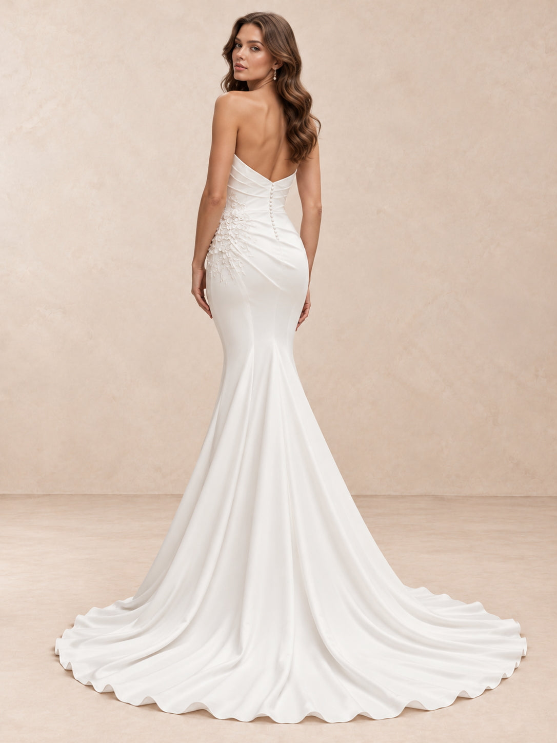 Strapless Draped Satin Mermaid Wedding Dress with Floral Appliqué