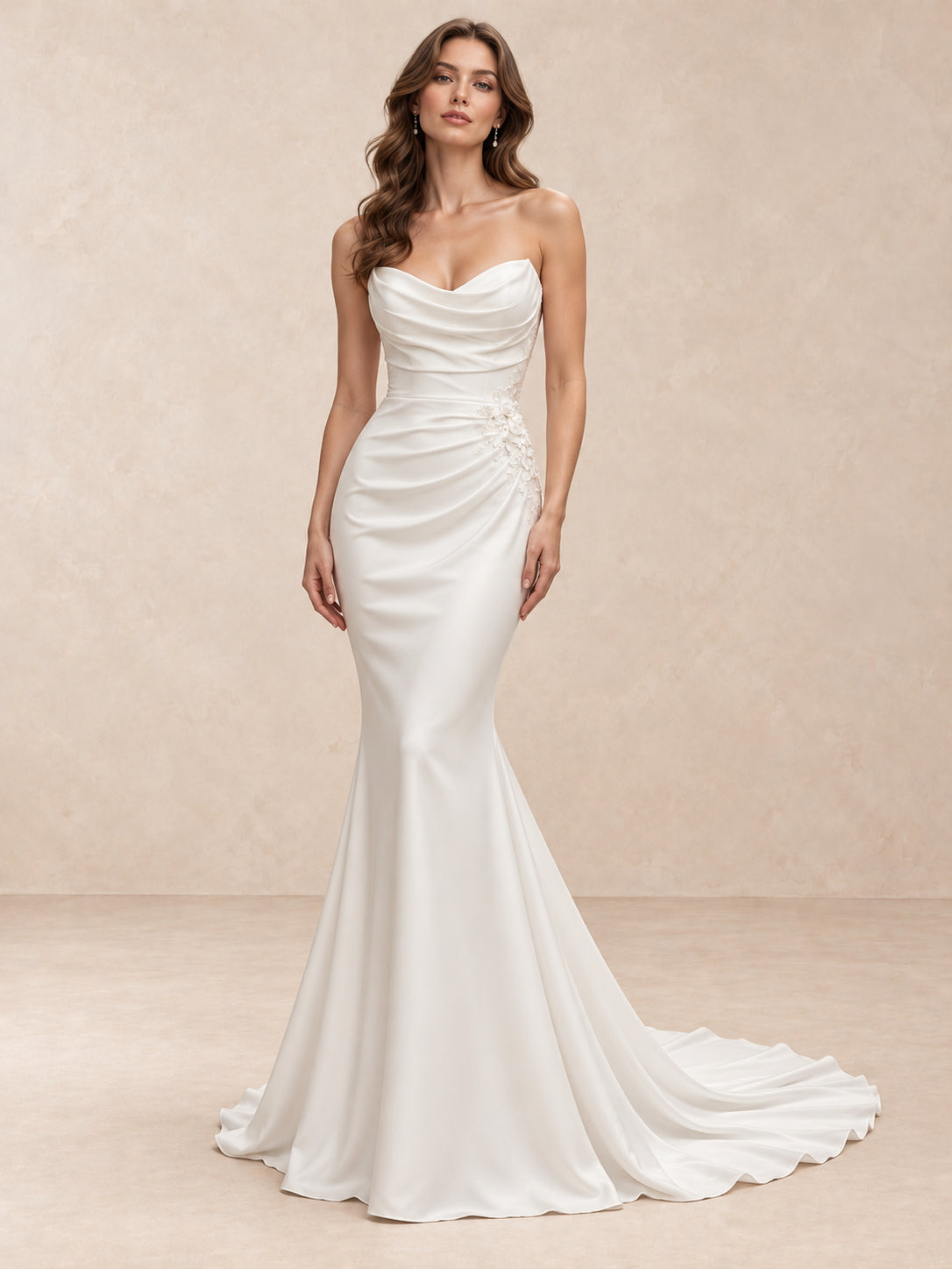Strapless Draped Satin Mermaid Wedding Dress with Floral Appliqué