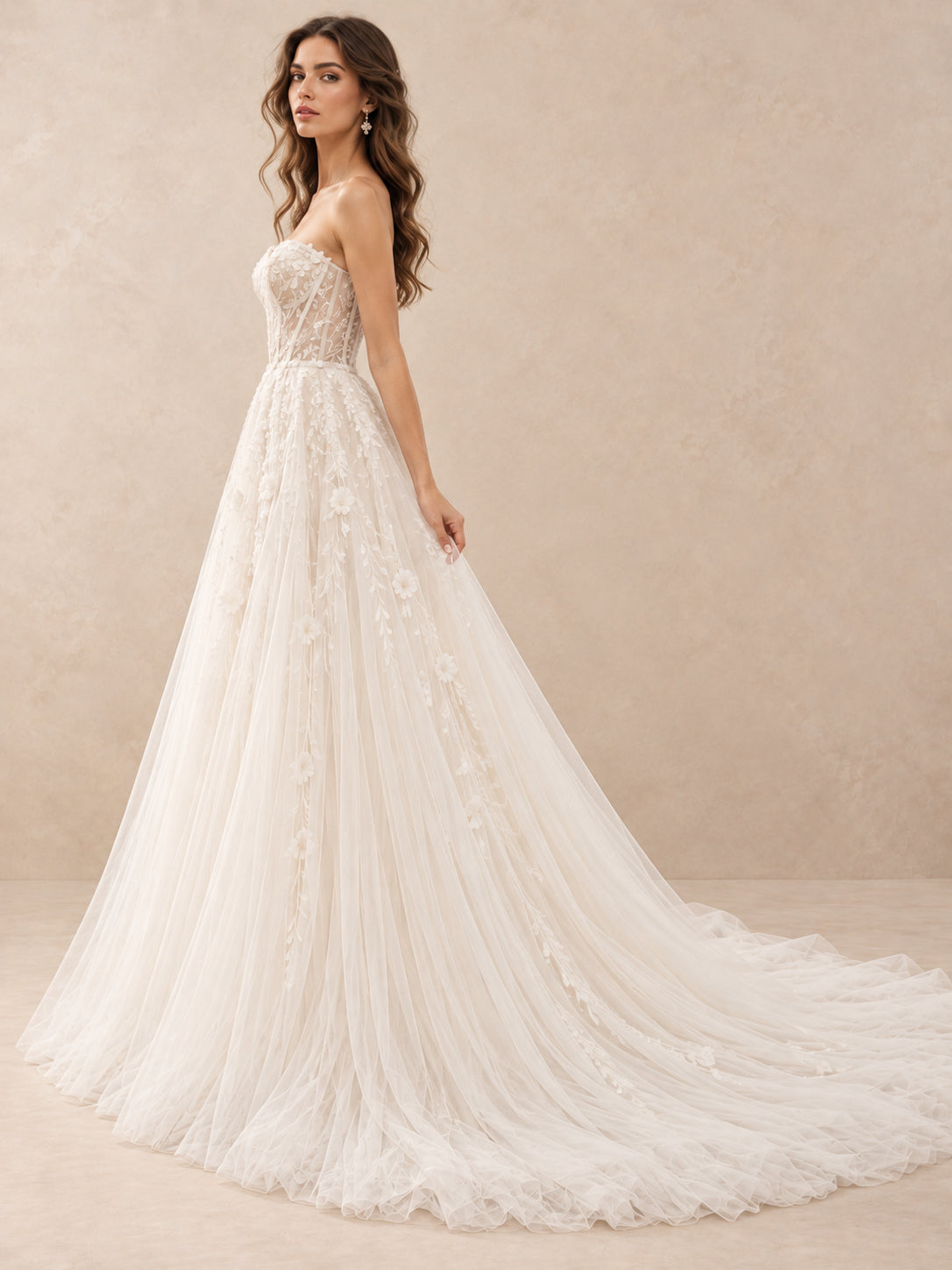 Strapless Floral Appliqué A-Line Wedding Dress with Chapel Train