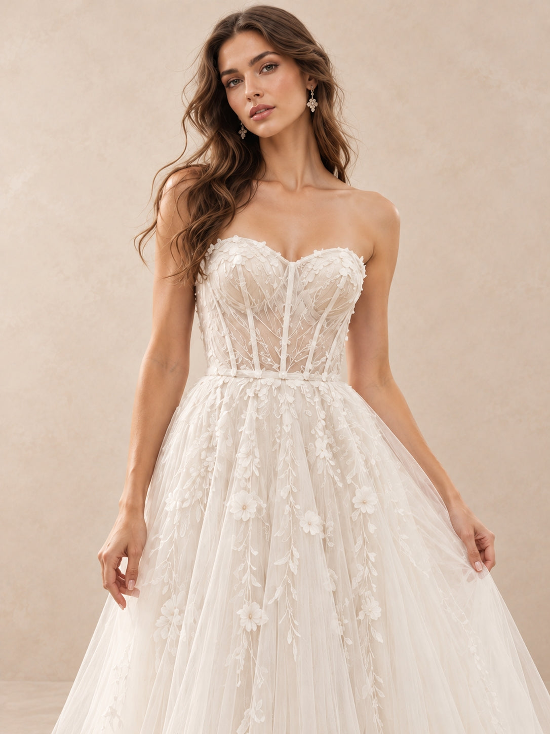 Strapless Floral Appliqué A-Line Wedding Dress with Chapel Train