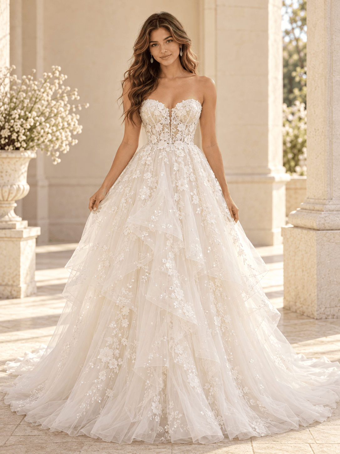 Strapless Floral Lace Ball Gown Wedding Dress with Corset Bodice & Layered Tulle
