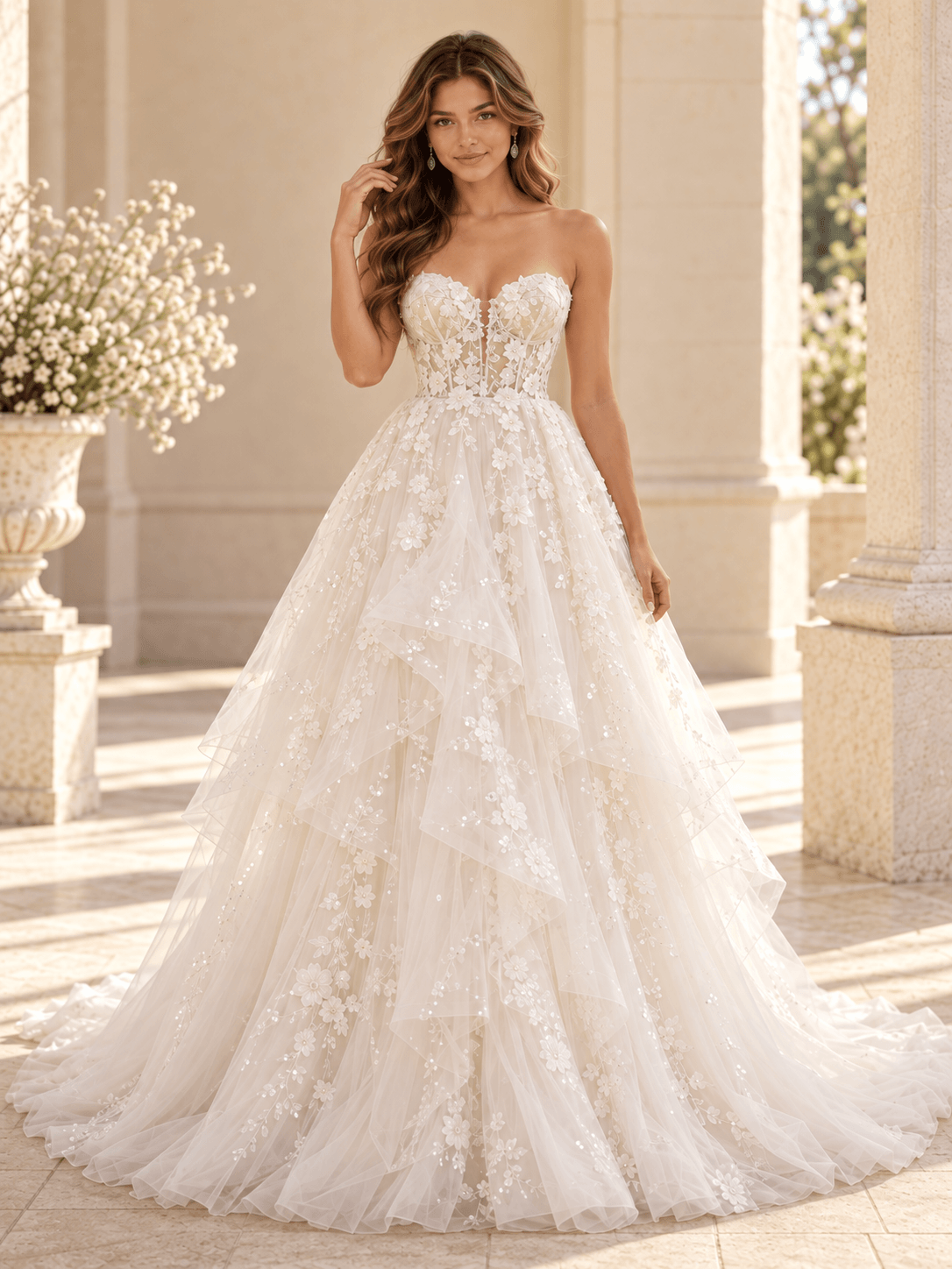 Strapless Floral Lace Ball Gown Wedding Dress with Corset Bodice & Layered Tulle