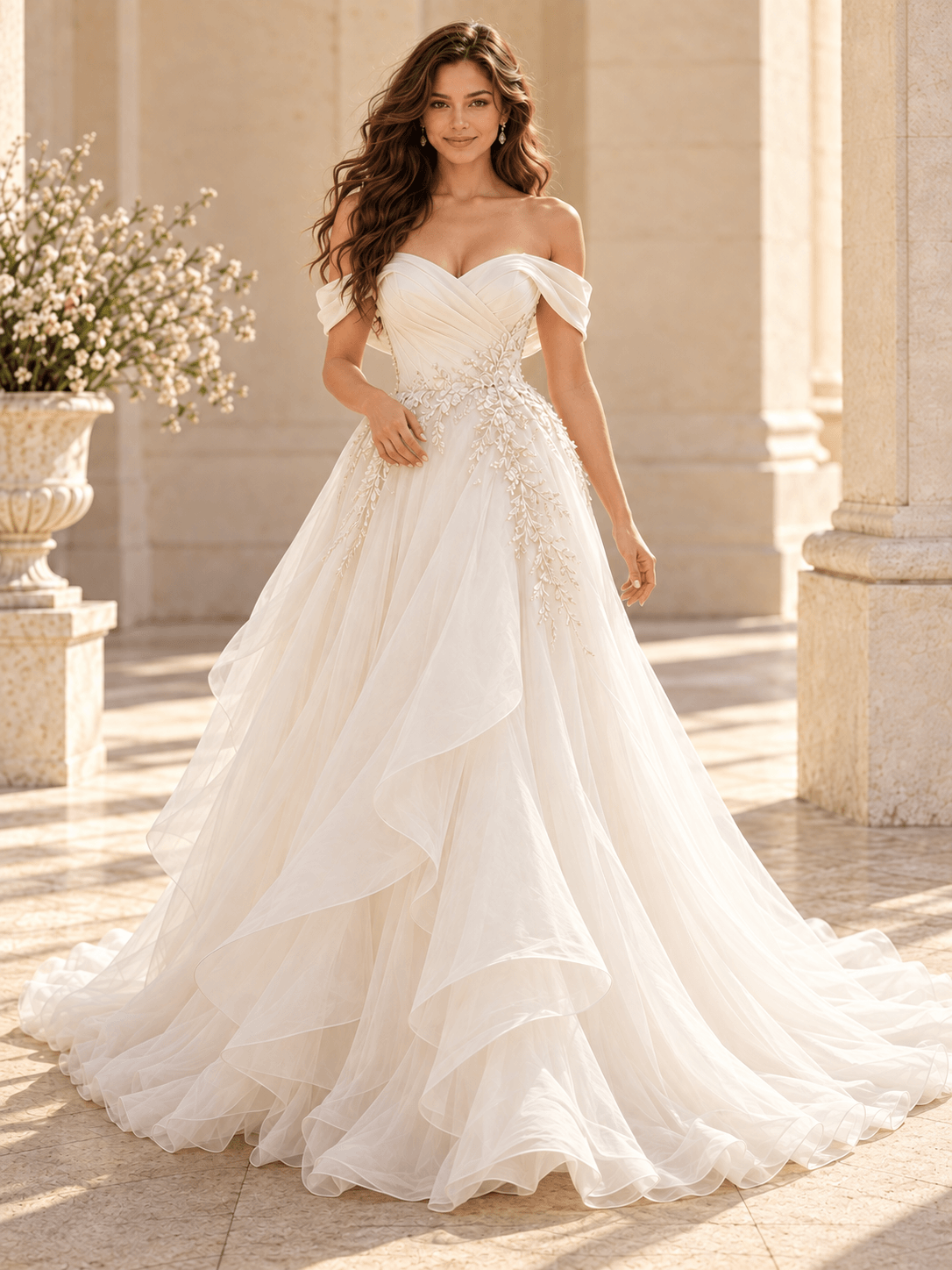 Strapless Floral Lace Ball Gown Wedding Dress with Layered Tulle