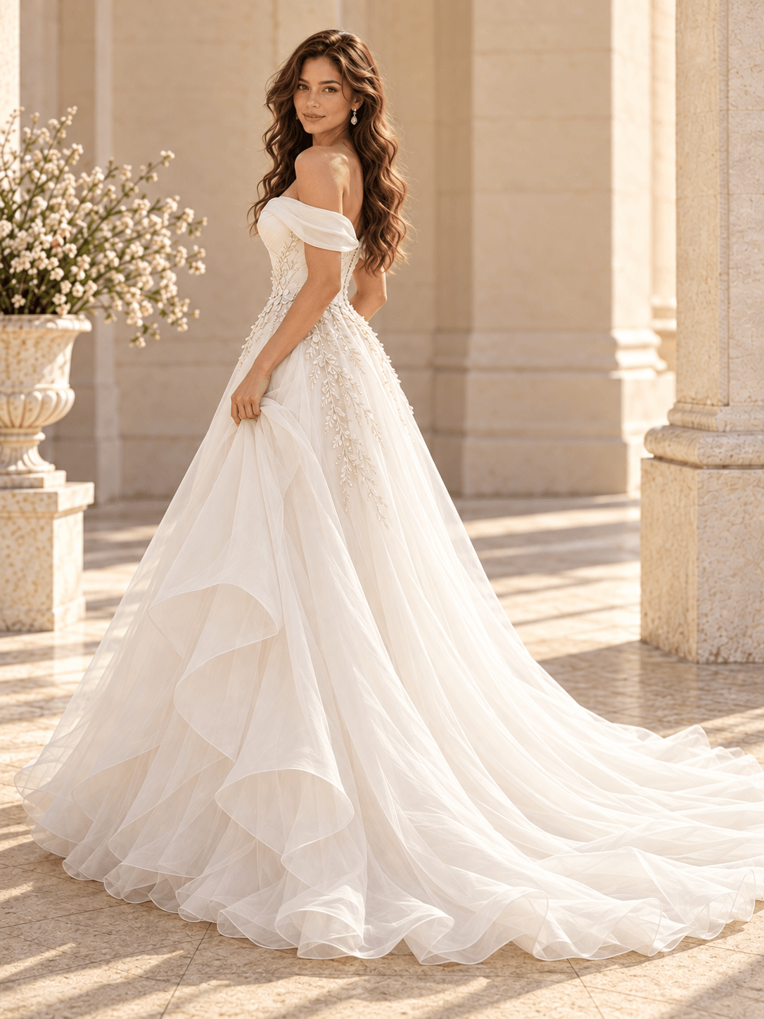 Strapless Floral Lace Ball Gown Wedding Dress with Layered Tulle