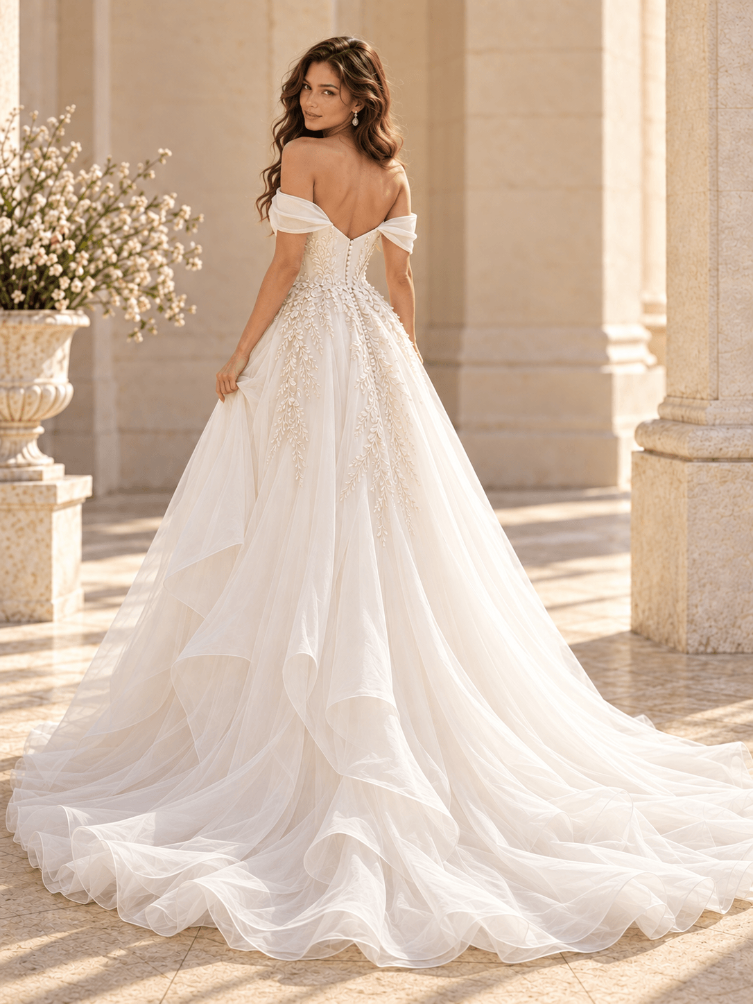 Strapless Floral Lace Ball Gown Wedding Dress with Layered Tulle