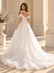 Strapless Floral Lace Ball Gown Wedding Dress with Layered Tulle