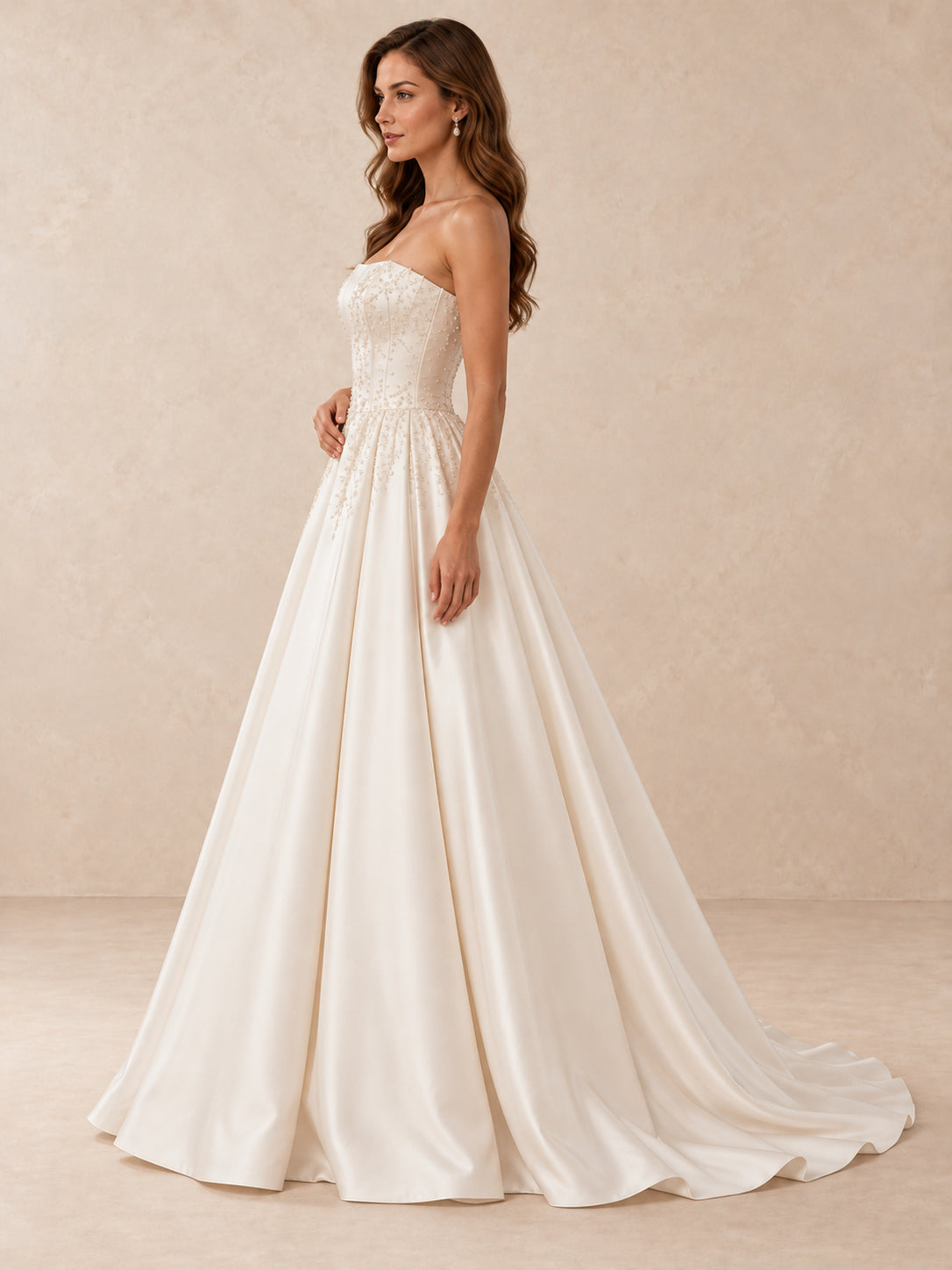 Strapless Mikado Satin A-Line Wedding Dress with Sweep Train