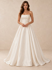Strapless Mikado Satin A-Line Wedding Dress with Sweep Train