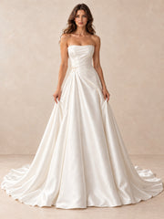 Strapless Satin A-Line Wedding Dress with Draped Bodice and Sweep Train