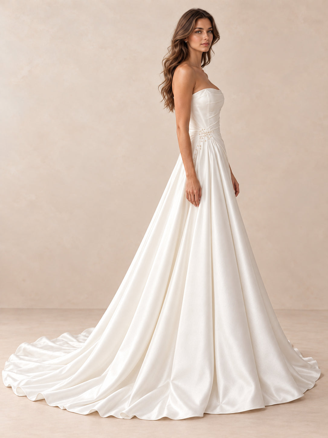 Strapless Satin A-Line Wedding Dress with Draped Bodice and Sweep Train
