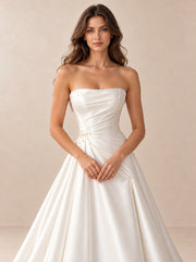 Strapless Satin A-Line Wedding Dress with Draped Bodice and Sweep Train