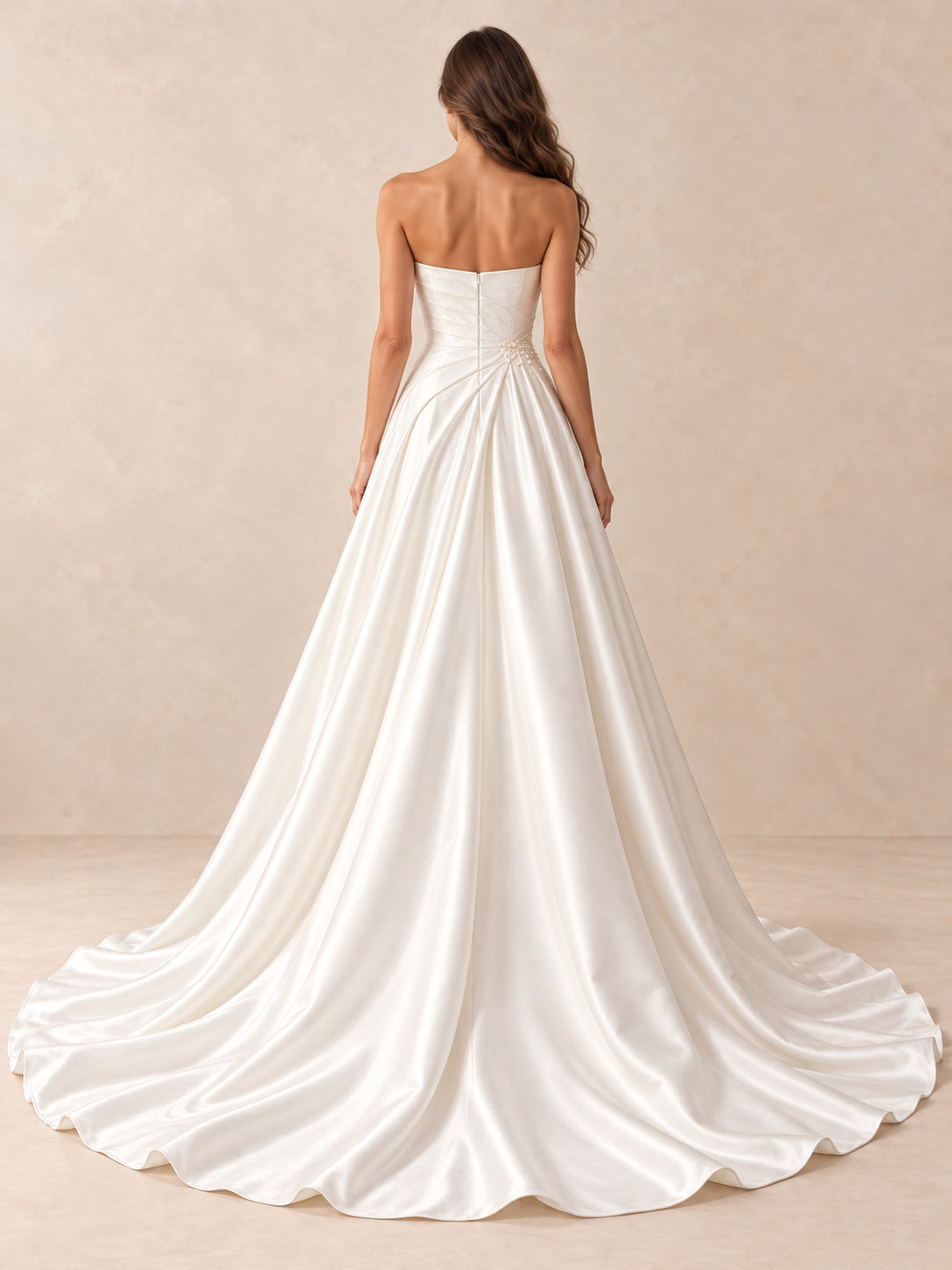Strapless Satin A-Line Wedding Dress with Draped Bodice and Sweep Train