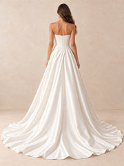 Strapless Satin A-Line Wedding Dress with Draped Bodice and Sweep Train