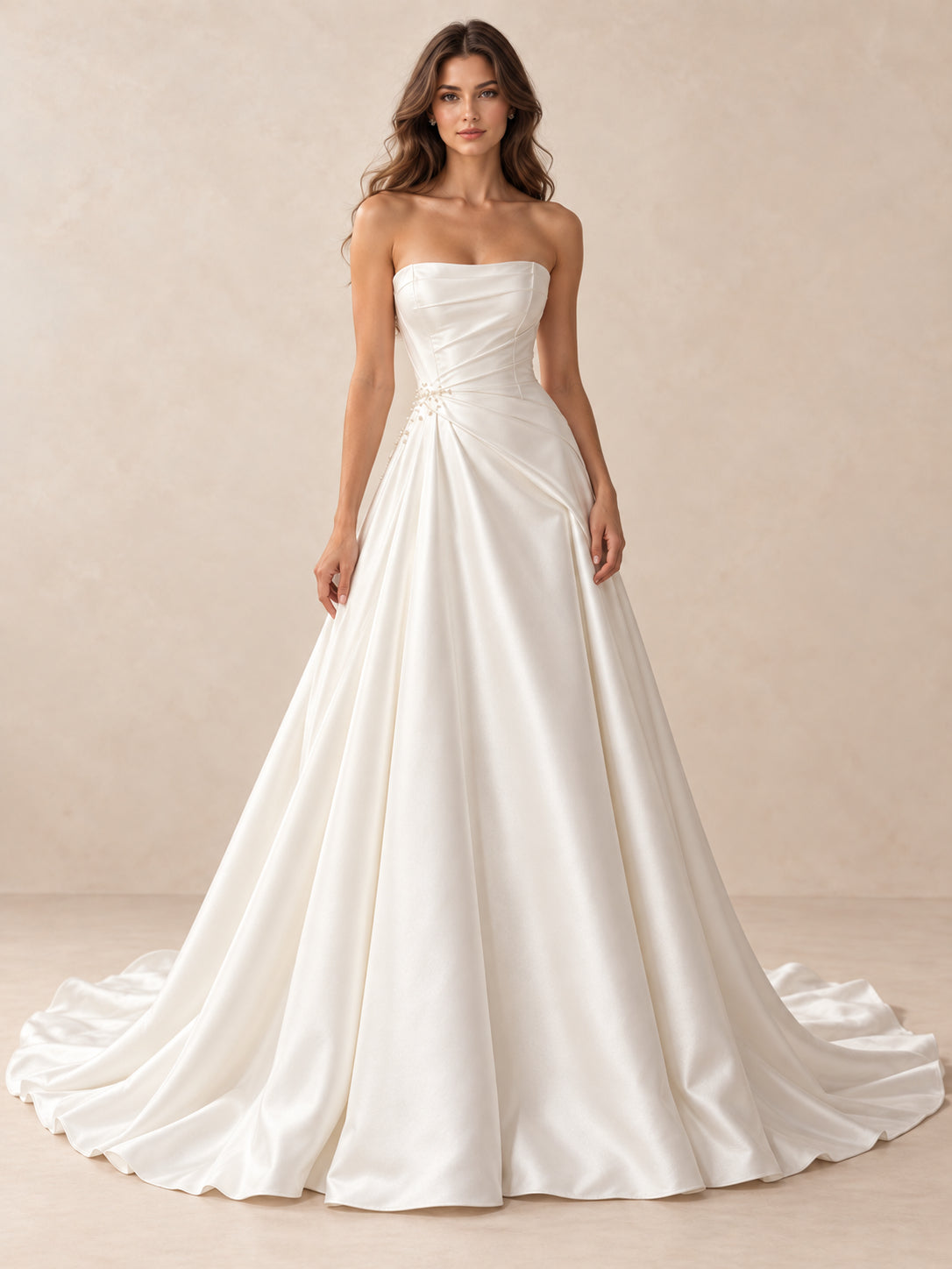 Strapless Satin A-Line Wedding Dress with Draped Bodice and Sweep Train