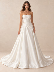 Strapless Satin A-Line Wedding Dress with Draped Bodice and Sweep Train