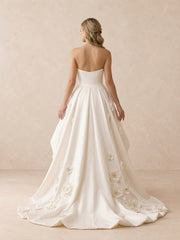 Strapless Satin High-Low Wedding Dress with Floral Appliqué and Sweep Train