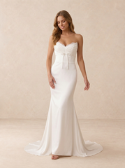 Strapless Satin Mermaid Wedding Dress with Ruched Bodice and Bow Waist