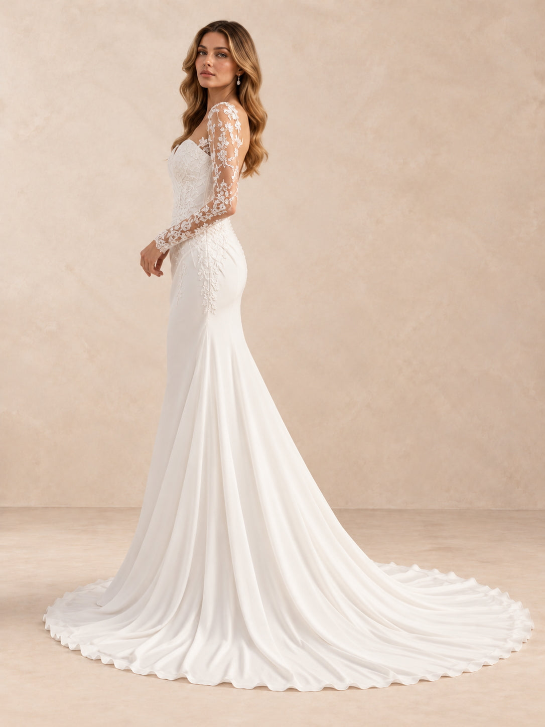 Sweetheart Floral Lace Long Sleeve Mermaid Wedding Dress with Chapel Train