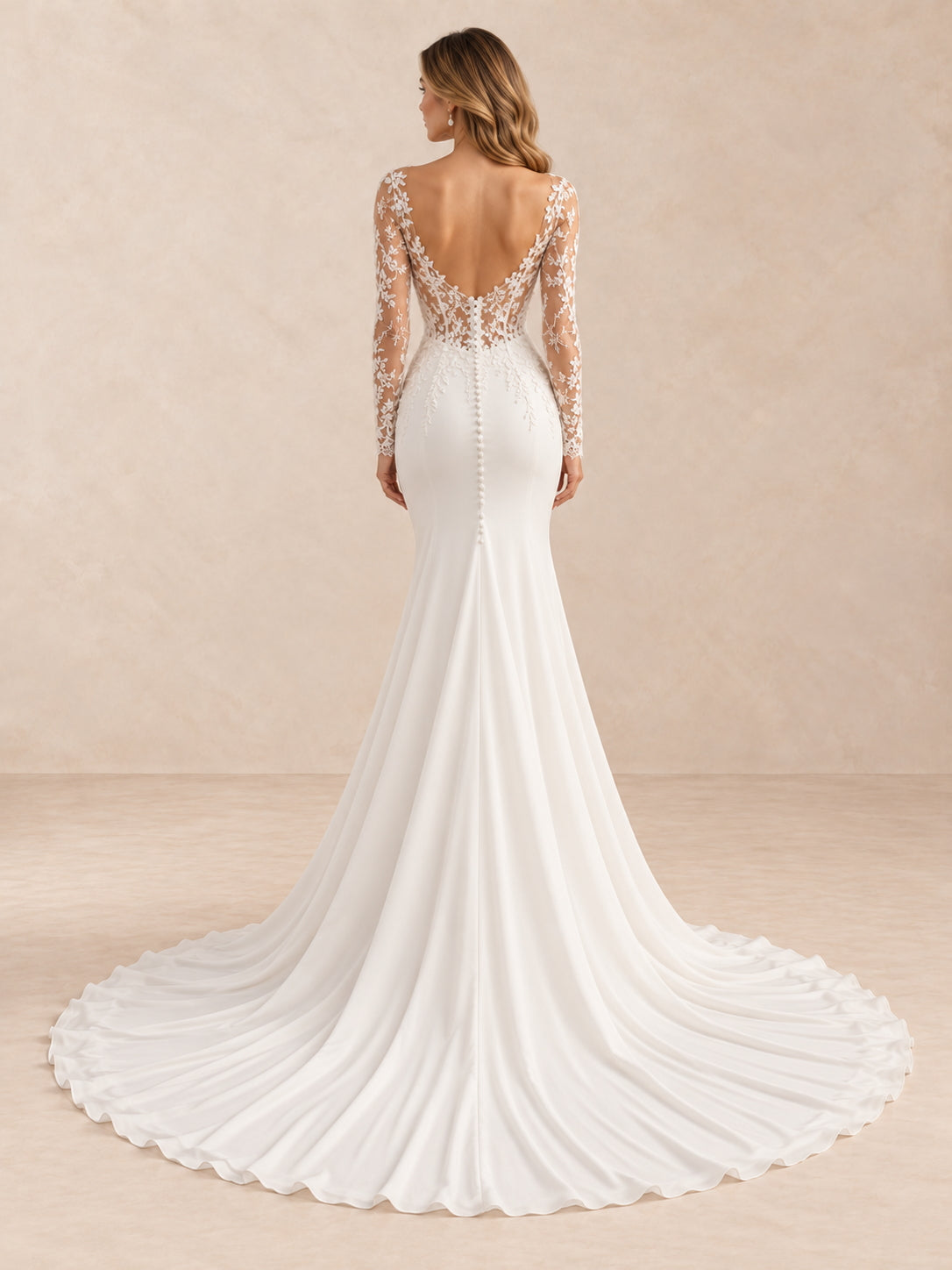 Sweetheart Floral Lace Long Sleeve Mermaid Wedding Dress with Chapel Train