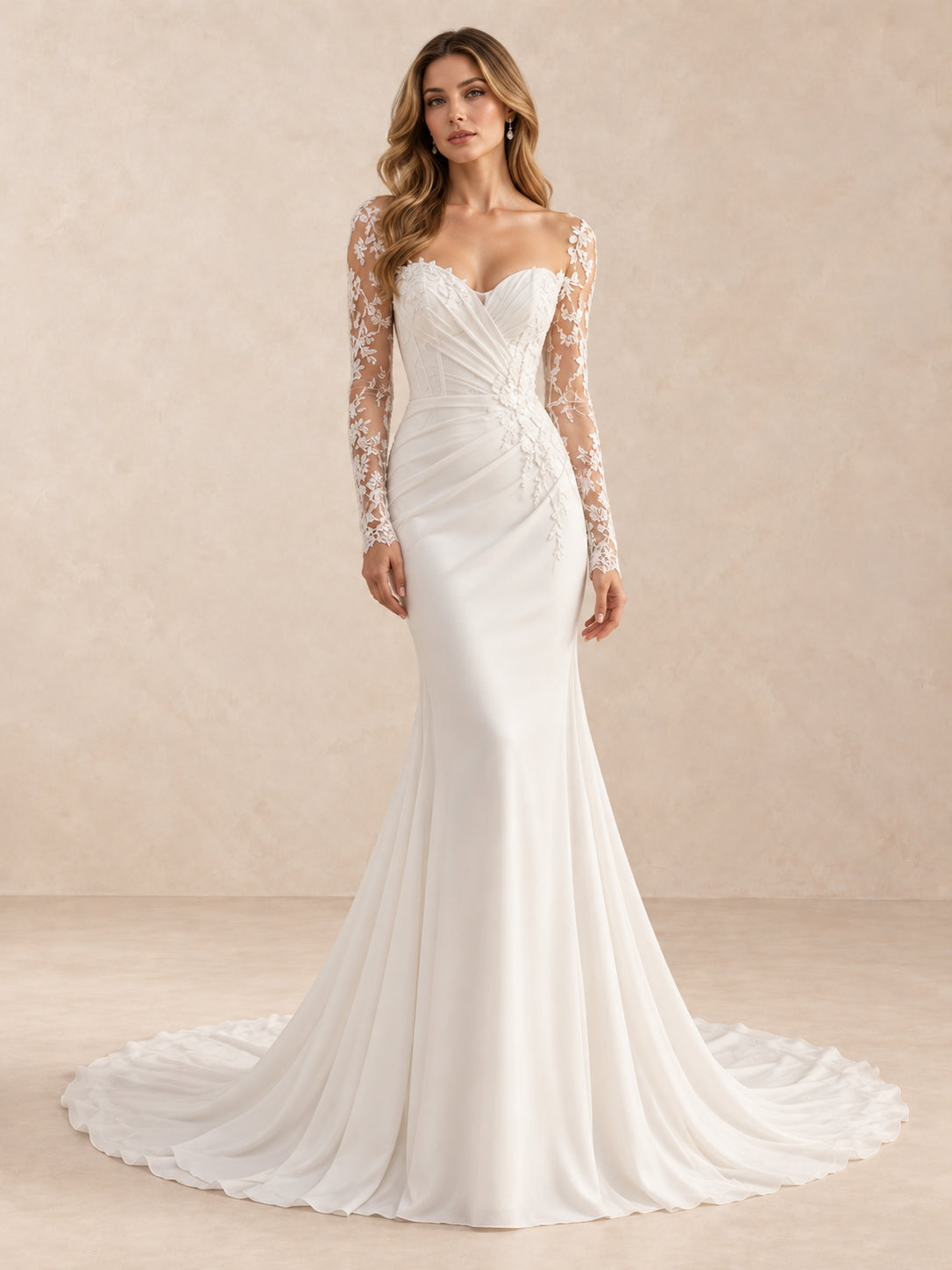 Sweetheart Floral Lace Long Sleeve Mermaid Wedding Dress with Chapel Train