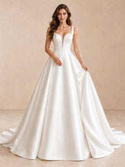 Sweetheart Neckline Satin A-Line Wedding Dress With Long Train