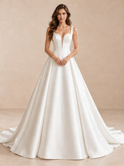 Sweetheart Neckline Satin A-Line Wedding Dress With Long Train