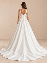 Sweetheart Neckline Satin A-Line Wedding Dress With Long Train