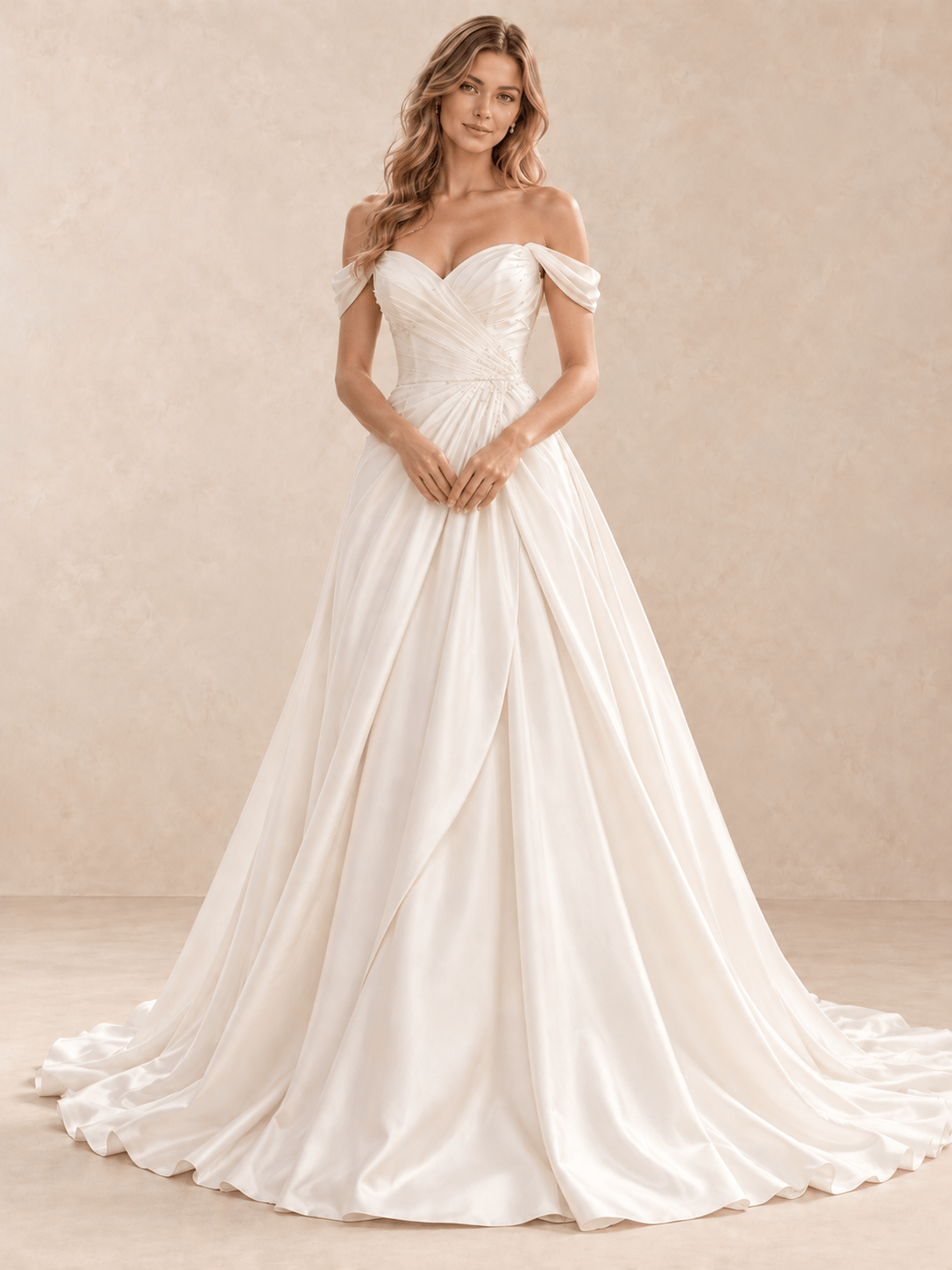 Sweetheart Off-the-Shoulder Satin A-Line Wedding Dress with Draped Bodice