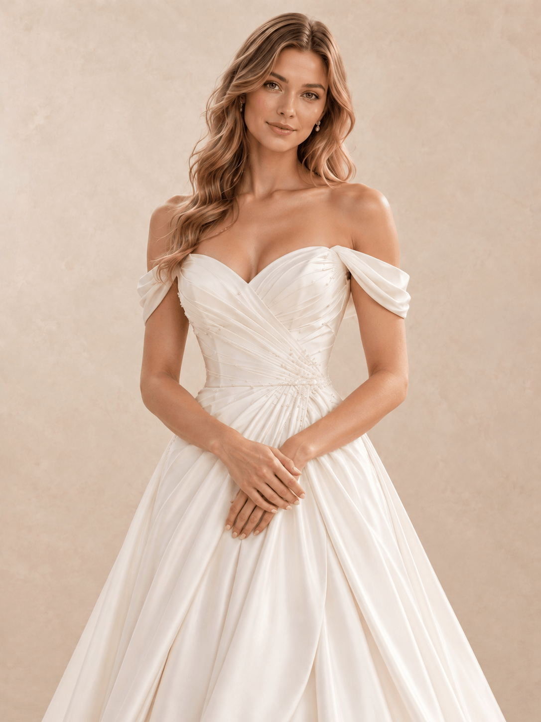 Sweetheart Off-the-Shoulder Satin A-Line Wedding Dress with Draped Bodice