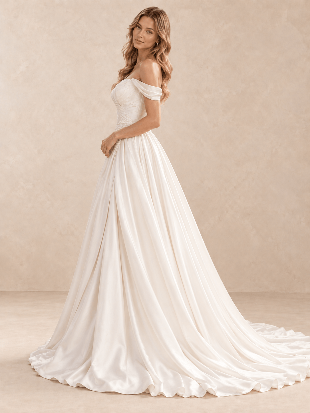 Sweetheart Off-the-Shoulder Satin A-Line Wedding Dress with Draped Bodice