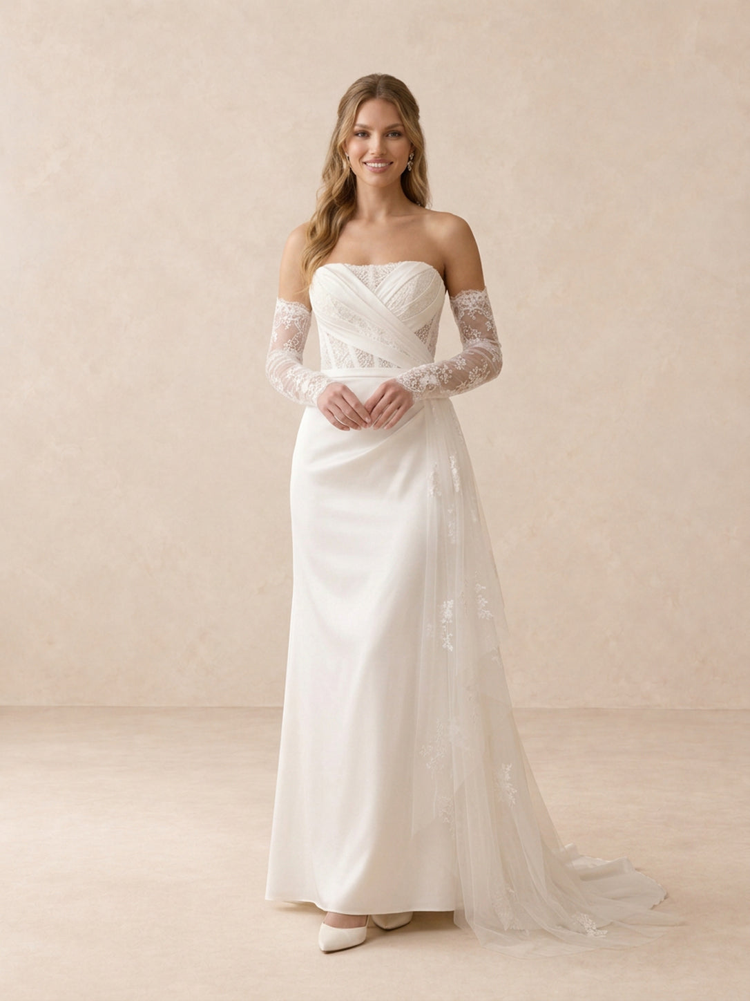 Sweetheart Satin Sheath Wedding Dress with Lace Sleeves & Chapel Train