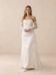 Sweetheart Satin Sheath Wedding Dress with Lace Sleeves & Chapel Train