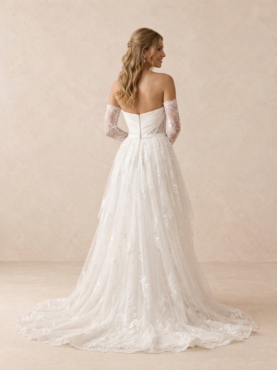 Sweetheart Satin Sheath Wedding Dress with Lace Sleeves & Chapel Train