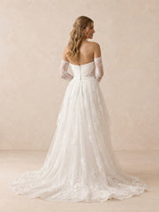 Sweetheart Satin Sheath Wedding Dress with Lace Sleeves & Chapel Train