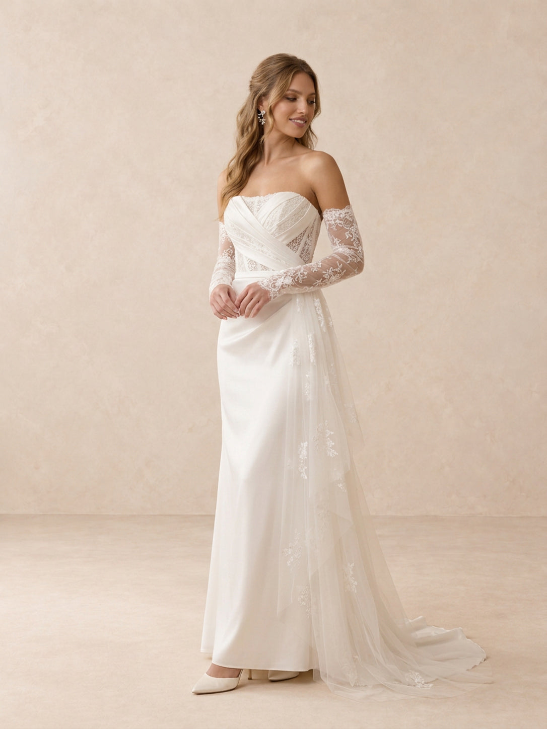 Sweetheart Satin Sheath Wedding Dress with Lace Sleeves & Chapel Train