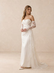 Sweetheart Satin Sheath Wedding Dress with Lace Sleeves & Chapel Train
