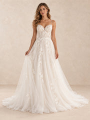 V-Neck Floral Lace A-Line Tulle Wedding Dress with Sweep Train