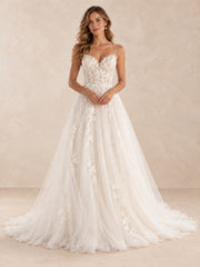 V-Neck Floral Lace A-Line Tulle Wedding Dress with Sweep Train