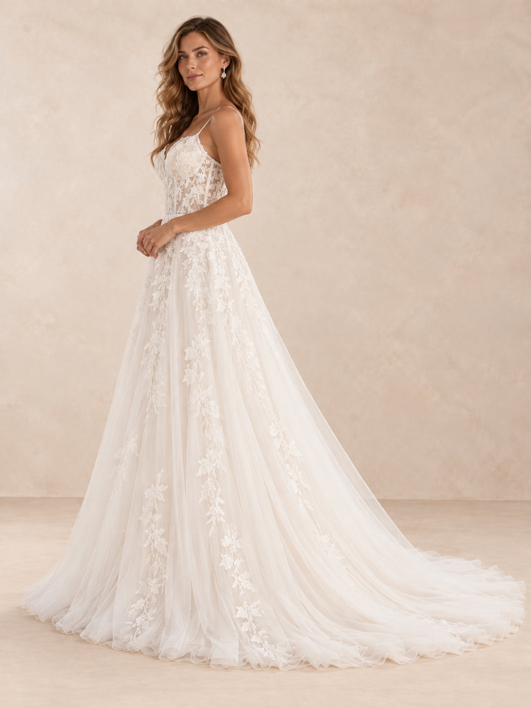 V-Neck Floral Lace A-Line Tulle Wedding Dress with Sweep Train