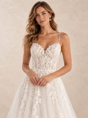 V-Neck Floral Lace A-Line Tulle Wedding Dress with Sweep Train