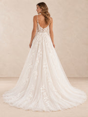 V-Neck Floral Lace A-Line Tulle Wedding Dress with Sweep Train