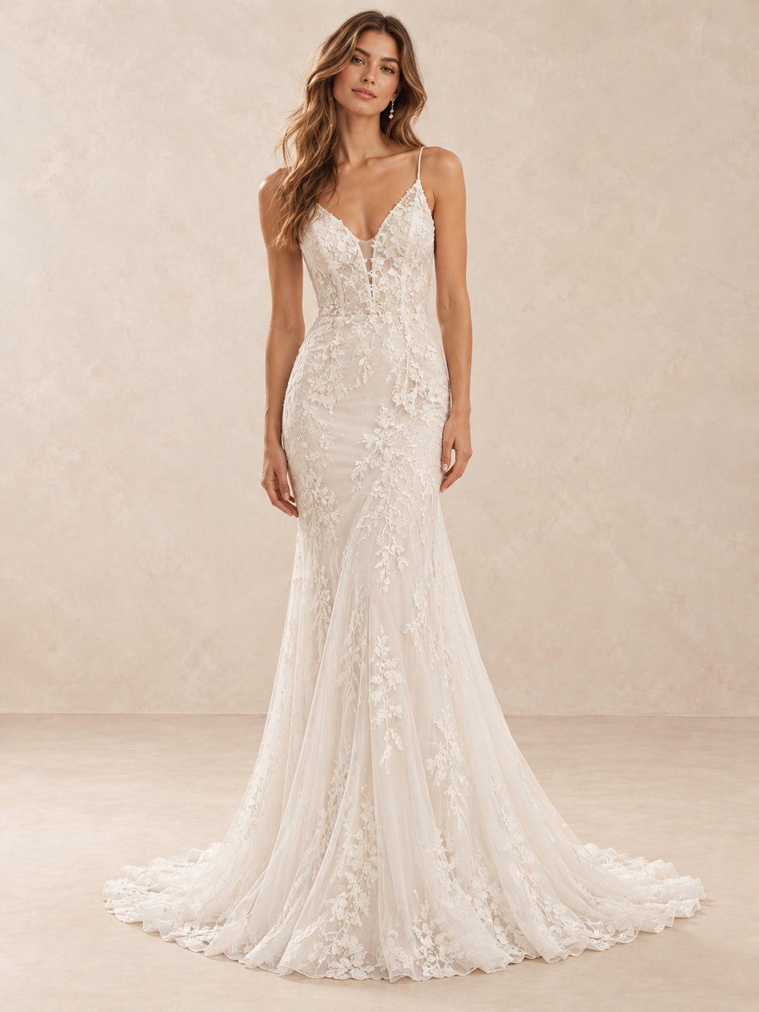 V-Neck Floral Lace Mermaid Wedding Dress with Chapel Train