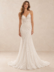 V-Neck Floral Lace Mermaid Wedding Dress with Chapel Train