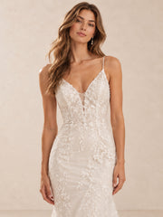 V-Neck Floral Lace Mermaid Wedding Dress with Chapel Train