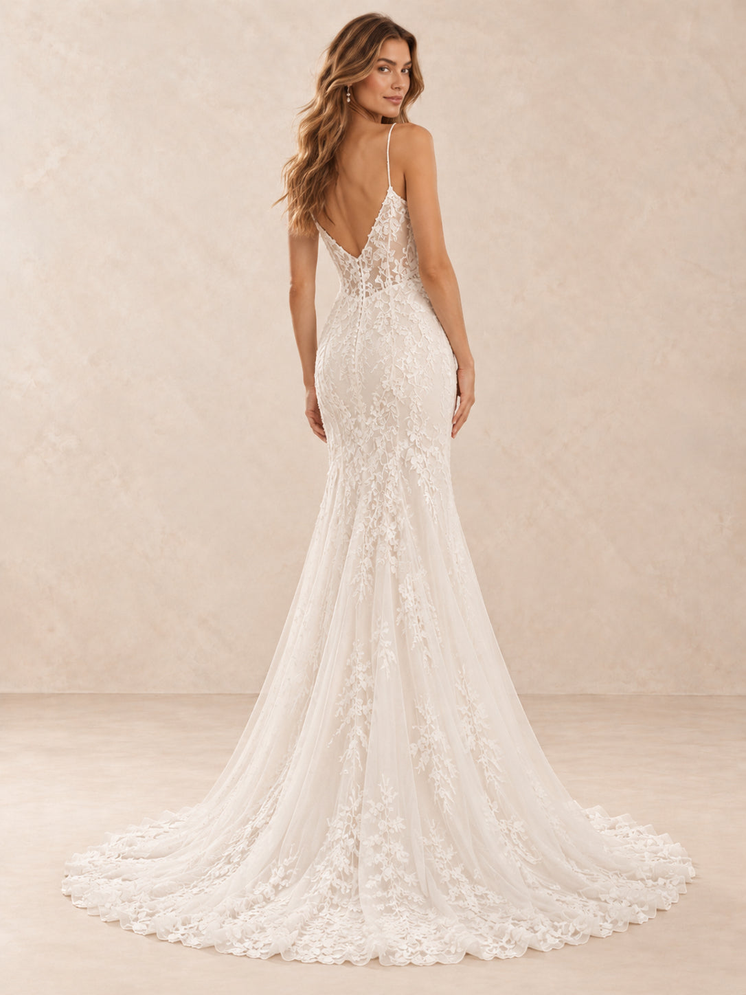 V-Neck Floral Lace Mermaid Wedding Dress with Chapel Train