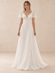 V-Neck Flutter Sleeve Embroidered Lace A-Line Chiffon Wedding Dress